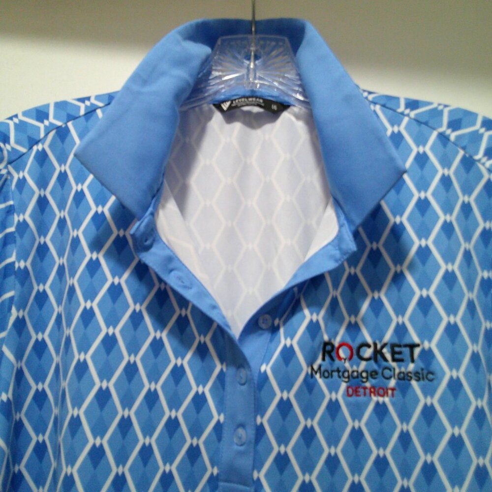 Levelwear Golf Polo Shirt Blue & White Sz Large Rocket Mortgage Classic Detroit